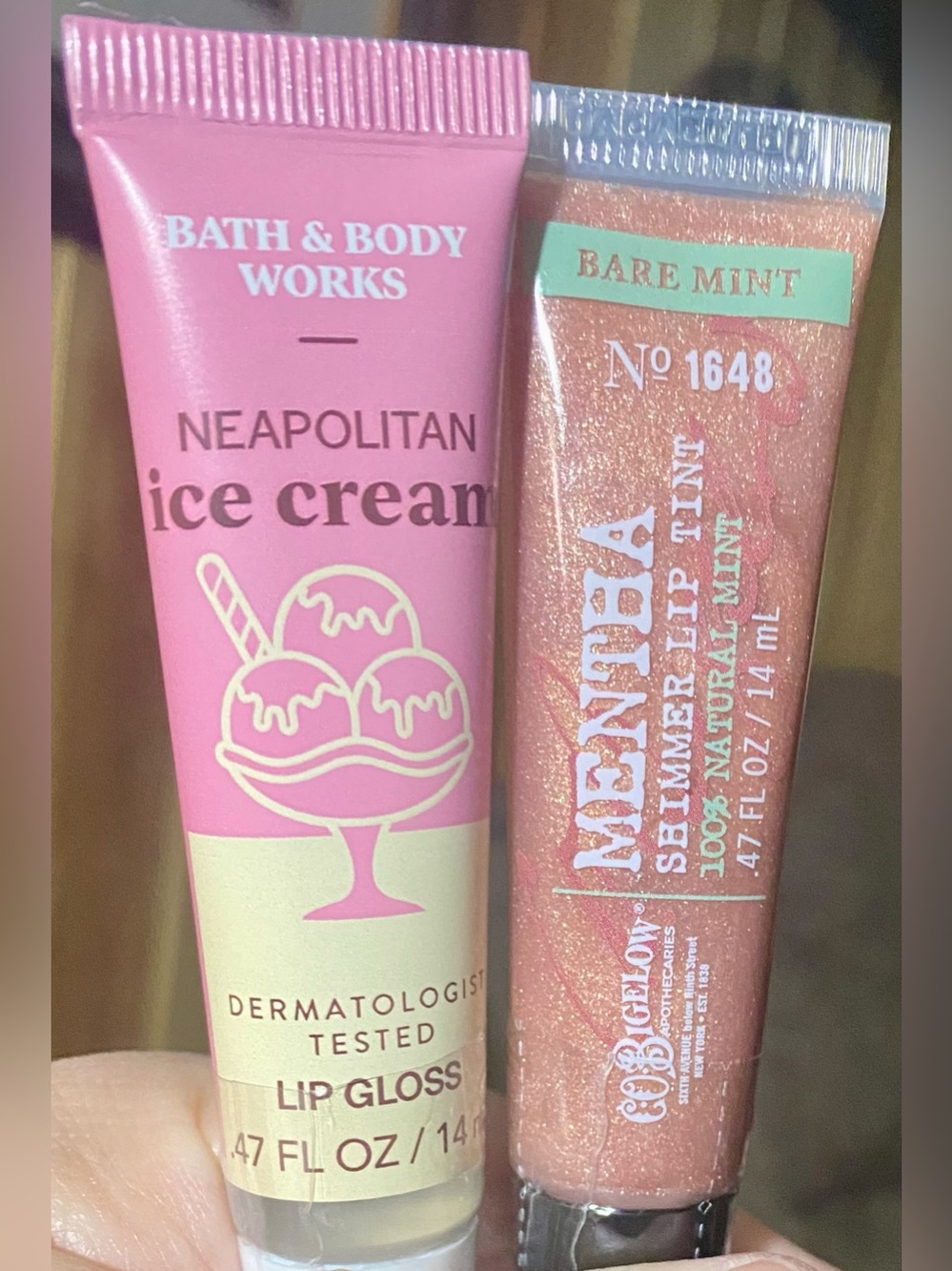 Bath & Body Works lip gloss Neapolitan Ice Cream flavor & Bare Mint shimmer